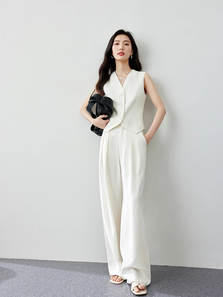VIMLY Two Piece Office Outfit Woman 2025 Summer Pant Sets Linen Blend Women's Suits V Neck Waistcoat + Wide Leg Long Pants M7357 - Shopfly.co.uk