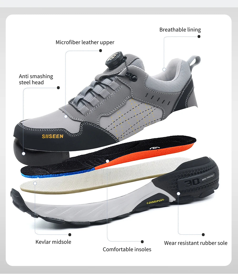high-quality Work Safety Shoes for men Rotating button Work Sneakers Anti-smash Anti puncture Indestructible shoes Work Boots - Shopfly.co.uk