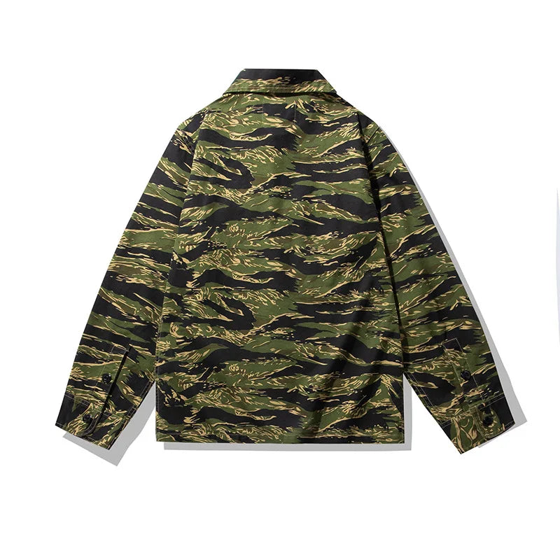 2025 Spring Men's Tiger Stripe Camo Camouflage Cargo Shirt Fashion Work Engineer Long Sleeved Shirt Jacket With Double Pockets - Shopfly.co.uk