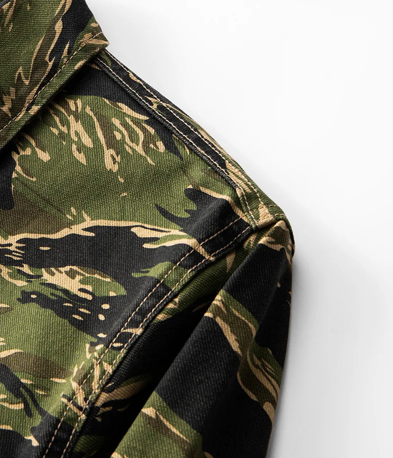 2025 Spring Men's Tiger Stripe Camo Camouflage Cargo Shirt Fashion Work Engineer Long Sleeved Shirt Jacket With Double Pockets - Shopfly.co.uk