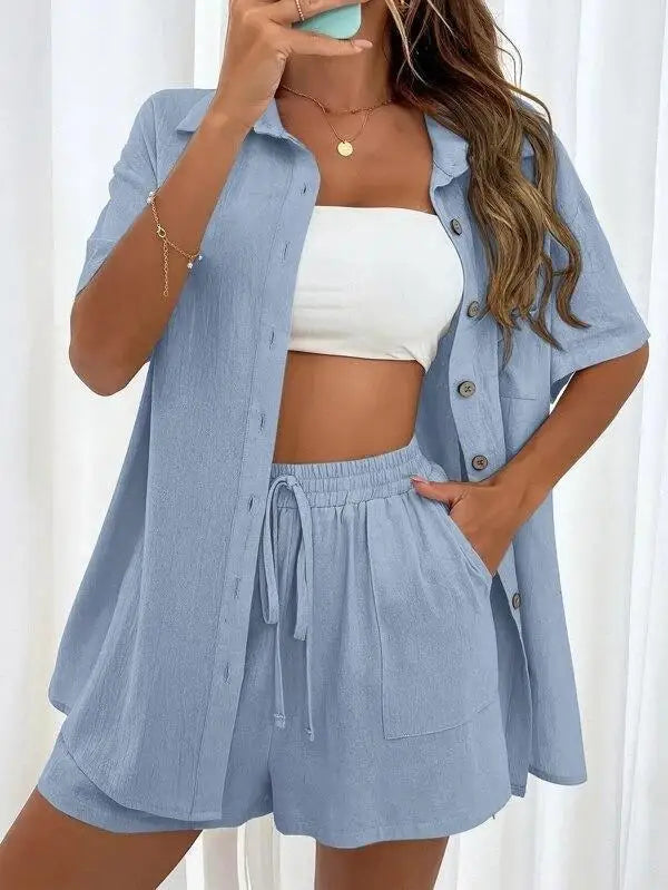 Solid Color Single Breasted Top Casual Loose Short Pants Sets Women Summer Women's 2 Pieces Suit Full Set Female Outfit Clothes - Shopfly.co.uk