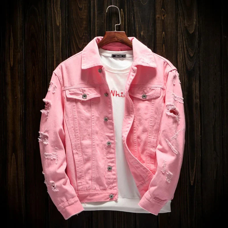 New Men's Jean Jacket Slim Fit Cotton Denim Jacket Red White Black Ripped Hole Jean Coats Men Outerwear Plus Size Streetwear