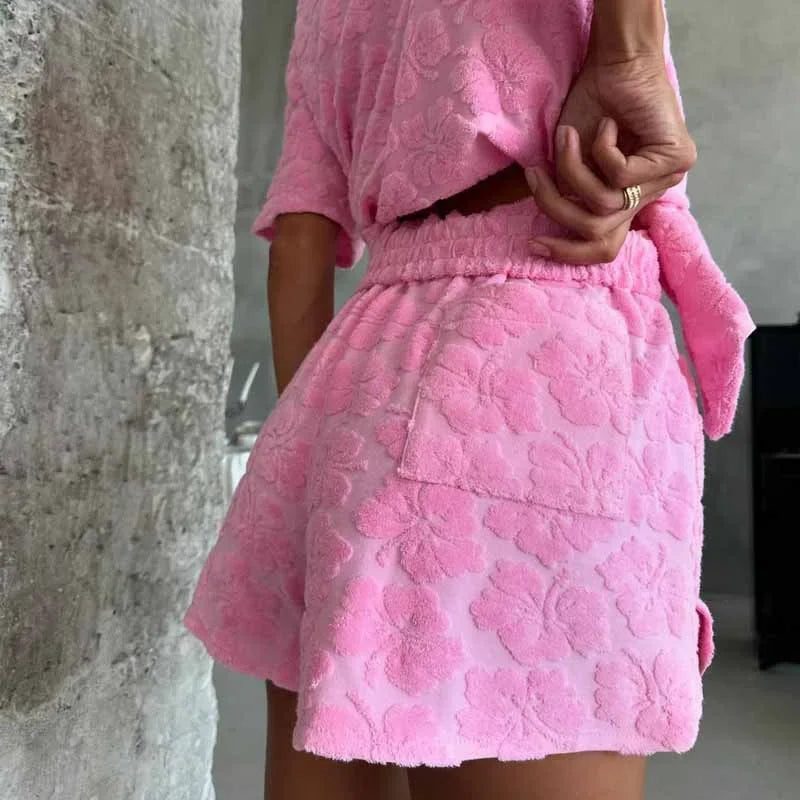 Casual 3d Flower Shirt Shorts Sets Women Pink Lapel Buttons Blouse Elastic Wide Leg Short Pants 2025 Summer Lady Vacation Outfit - Shopfly.co.uk
