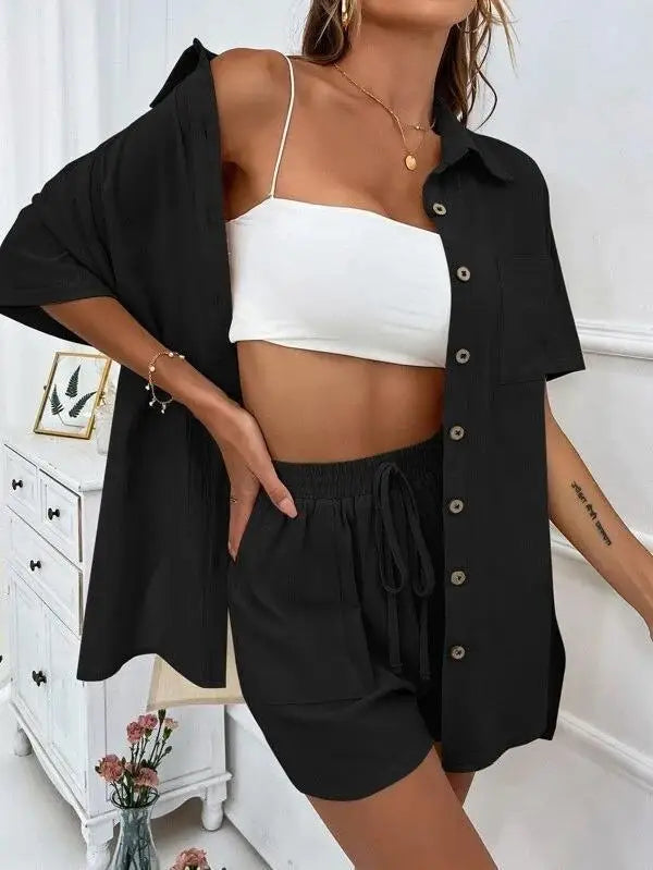 Solid Color Single Breasted Top Casual Loose Short Pants Sets Women Summer Women's 2 Pieces Suit Full Set Female Outfit Clothes - Shopfly.co.uk