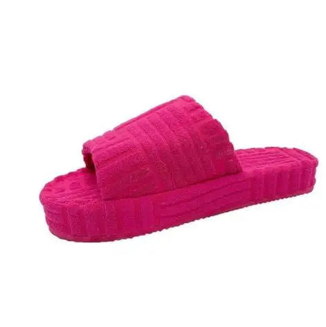 women Luxury brands slippers one-word thick-soled warm furry women shoes embossed cotton drag outdoor all-match casual slippers - Shopfly.co.uk