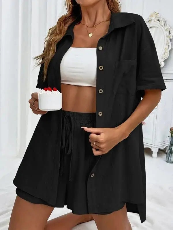 Solid Color Single Breasted Top Casual Loose Short Pants Sets Women Summer Women's 2 Pieces Suit Full Set Female Outfit Clothes - Shopfly.co.uk