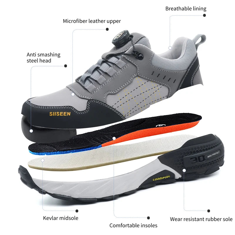 high-quality Work Safety Shoes for men Rotating button Work Sneakers Anti-smash Anti puncture Indestructible shoes Work Boots - Shopfly.co.uk
