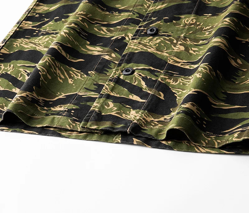 2025 Spring Men's Tiger Stripe Camo Camouflage Cargo Shirt Fashion Work Engineer Long Sleeved Shirt Jacket With Double Pockets - Shopfly.co.uk