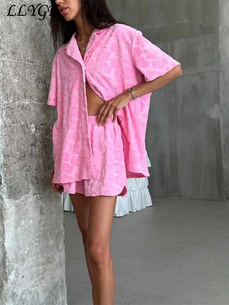 Casual 3d Flower Shirt Shorts Sets Women Pink Lapel Buttons Blouse Elastic Wide Leg Short Pants 2025 Summer Lady Vacation Outfit - Shopfly.co.uk