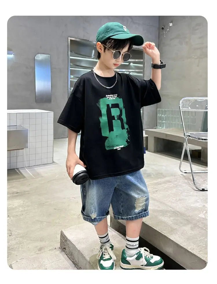 New Boys Fashion Summer 2pcs Cotton T-shirts+Denim Shorts Sporty Suits Teenage Kids Korean Style Outfits Sets Children Clothes - Shopfly.co.uk
