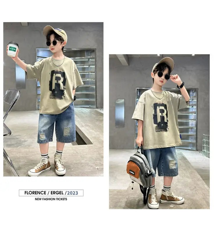 New Boys Fashion Summer 2pcs Cotton T-shirts+Denim Shorts Sporty Suits Teenage Kids Korean Style Outfits Sets Children Clothes - Shopfly.co.uk