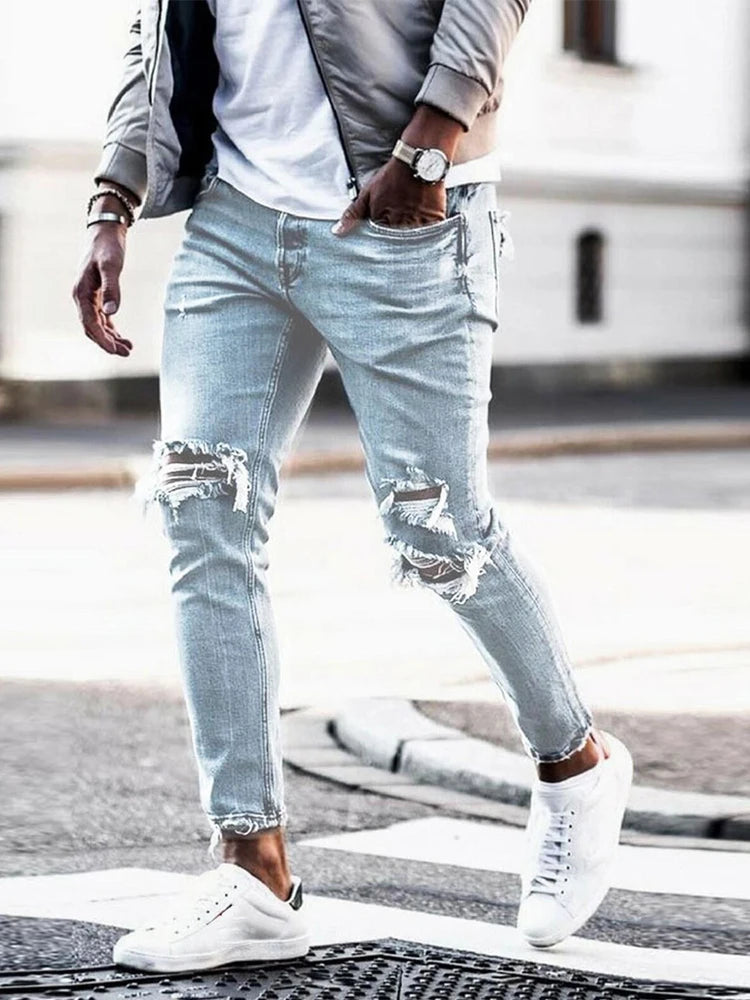 Ripped Jeans For Men Spring And Summer New Korean Style Trendy Loose Thin Rough Edge Beggars Casual nine-point Pants For Men