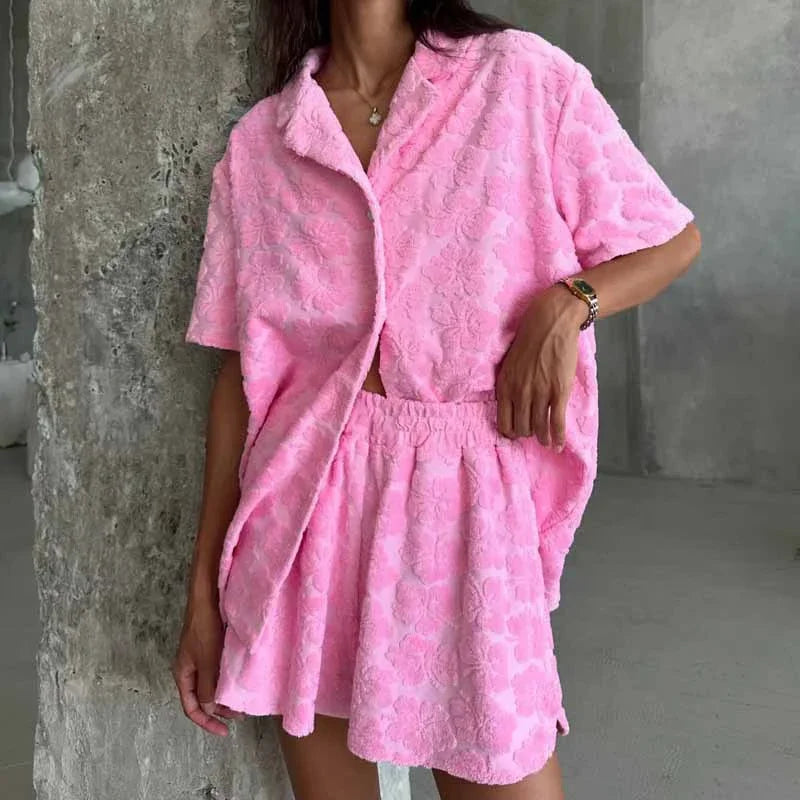 Casual 3d Flower Shirt Shorts Sets Women Pink Lapel Buttons Blouse Elastic Wide Leg Short Pants 2025 Summer Lady Vacation Outfit - Shopfly.co.uk