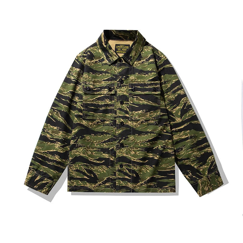 2025 Spring Men's Tiger Stripe Camo Camouflage Cargo Shirt Fashion Work Engineer Long Sleeved Shirt Jacket With Double Pockets - Shopfly.co.uk