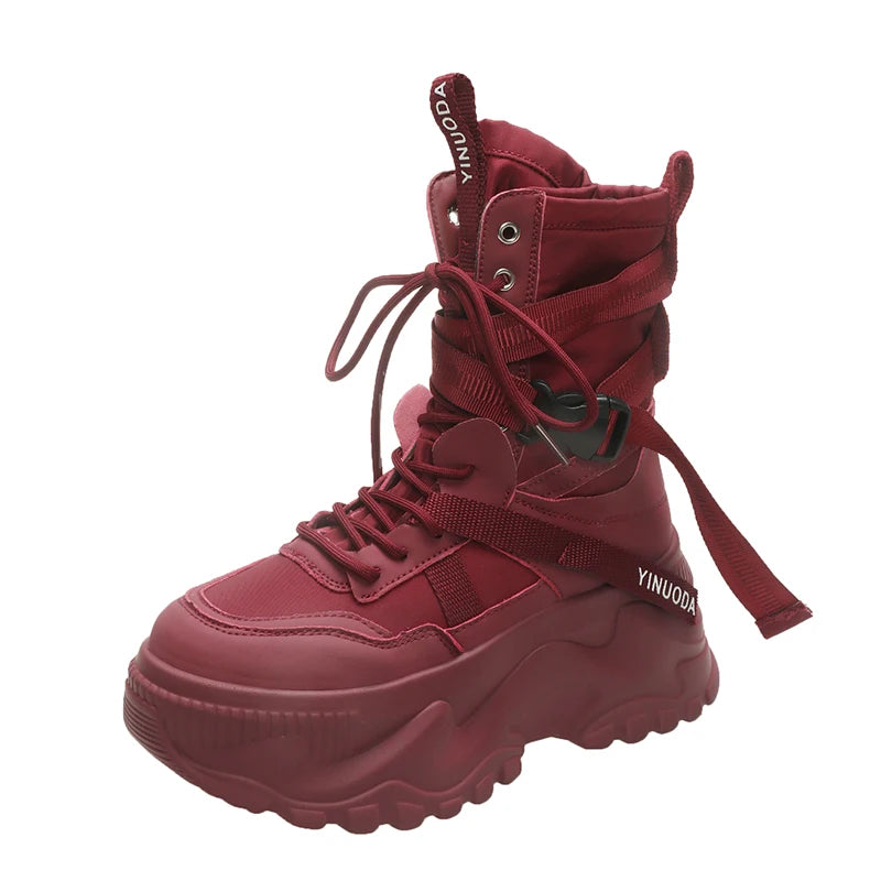 Women Ankle Boots Autumn Leather Chunky Shoes Woman High Platform Breathable Sneakers 8CM Thick Sole Wedges Motorcycles Boots - Shopfly.co.uk