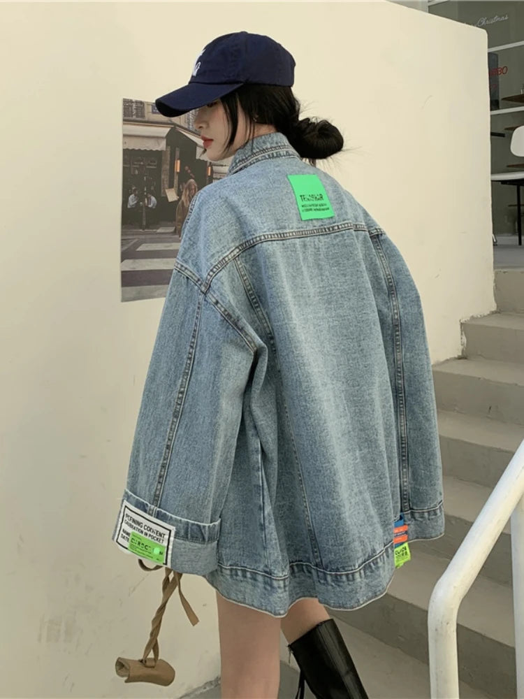 High Street Fashion Oversized Denim Jacket Women Korean Loose Long Sleeve Button Down Jean Jackets Female 2024 New