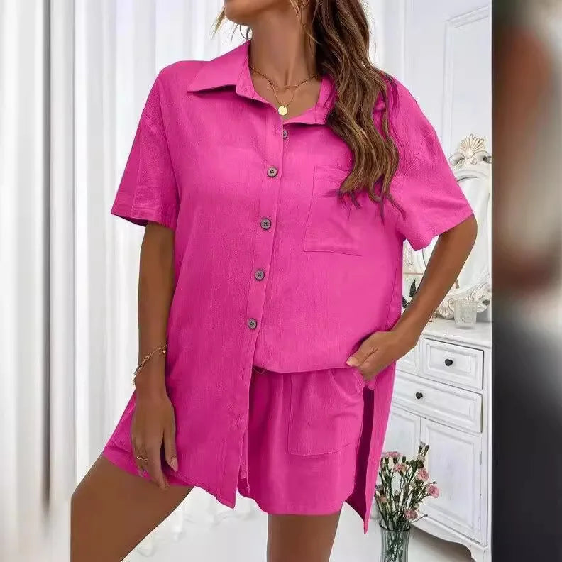 Solid Color Single Breasted Top Casual Loose Short Pants Sets Women Summer Women's 2 Pieces Suit Full Set Female Outfit Clothes - Shopfly.co.uk