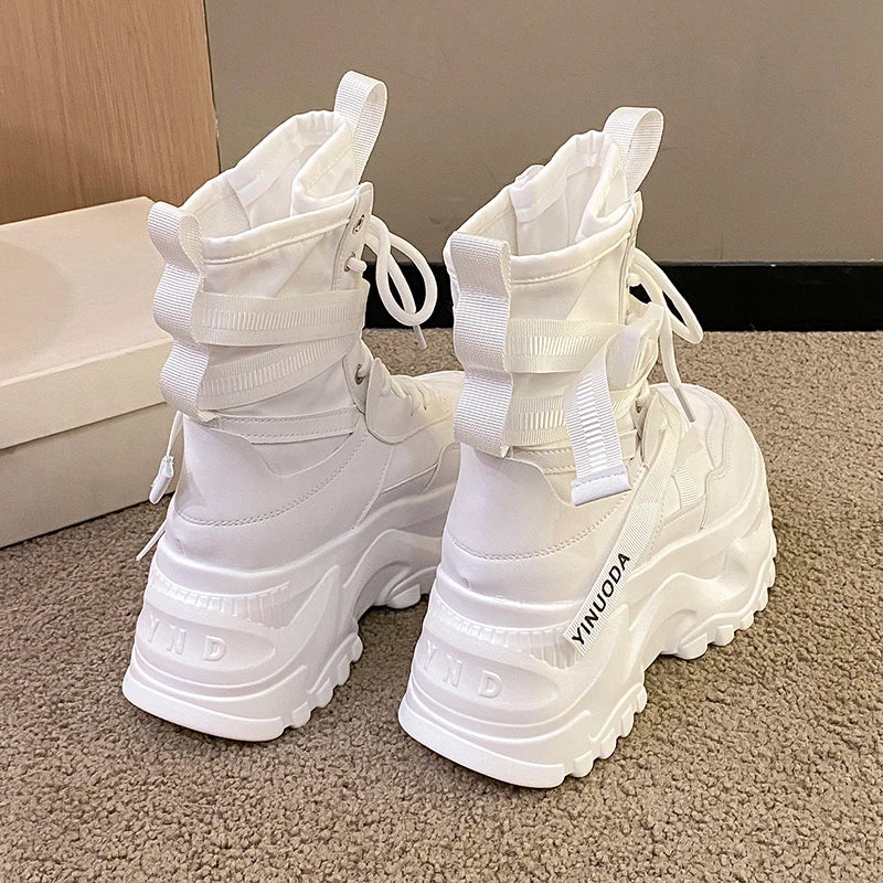 Women Ankle Boots Autumn Leather Chunky Shoes Woman High Platform Breathable Sneakers 8CM Thick Sole Wedges Motorcycles Boots - Shopfly.co.uk
