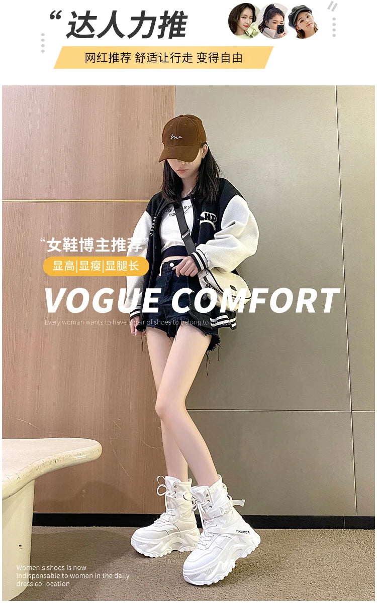 Women Ankle Boots Autumn Leather Chunky Shoes Woman High Platform Breathable Sneakers 8CM Thick Sole Wedges Motorcycles Boots - Shopfly.co.uk
