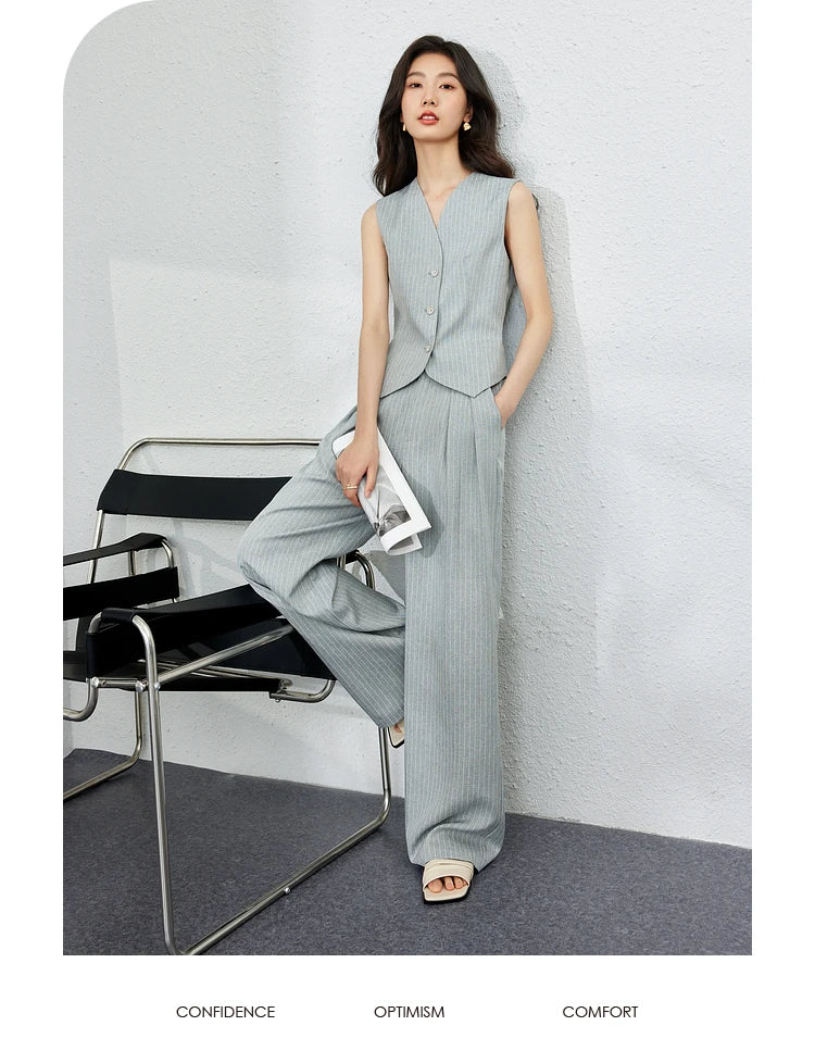 VIMLY Two Piece Office Outfit Woman 2025 Summer Pant Sets Linen Blend Women's Suits V Neck Waistcoat + Wide Leg Long Pants M7357 - Shopfly.co.uk