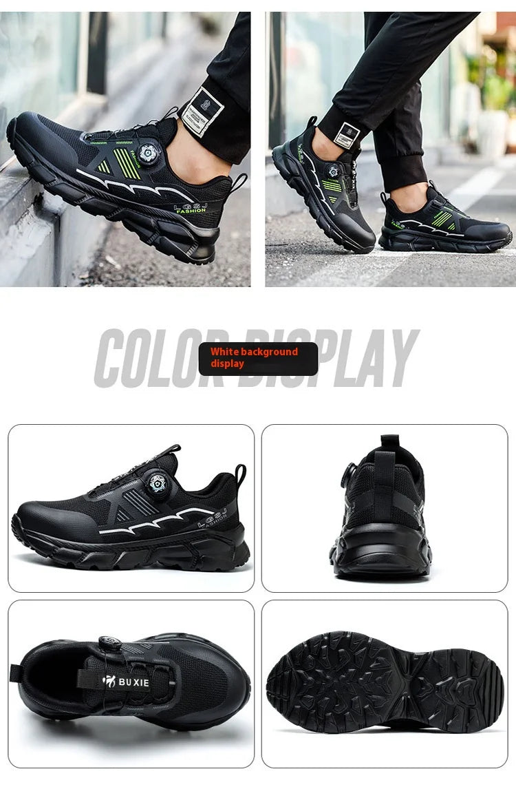 Lightweight Breathable Rotary Buckle Work Sneakers Protective Shoes Safety Industrial Puncture-Proof Anti-smash Steel Toe Shoes - Shopfly.co.uk