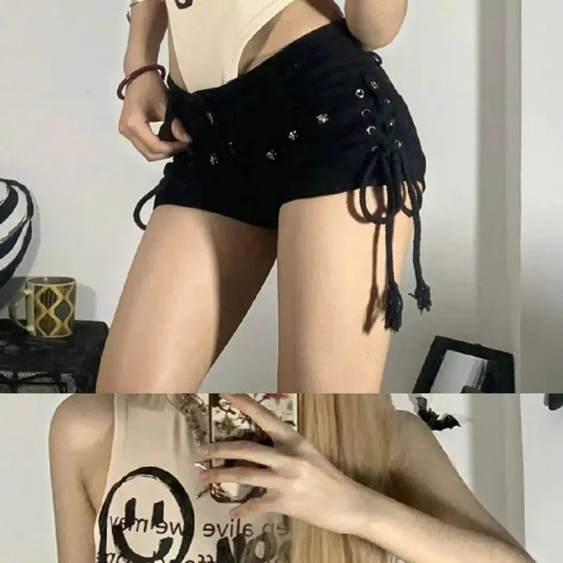 Shorts Women Skinny Creativity Lace-up Popular Streetwear Daily Personality Students Holiday Fashion Sexy American Retro Leisure - Shopfly.co.uk