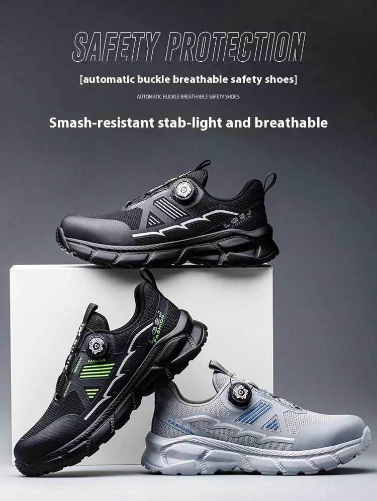 Lightweight Breathable Rotary Buckle Work Sneakers Protective Shoes Safety Industrial Puncture-Proof Anti-smash Steel Toe Shoes - Shopfly.co.uk