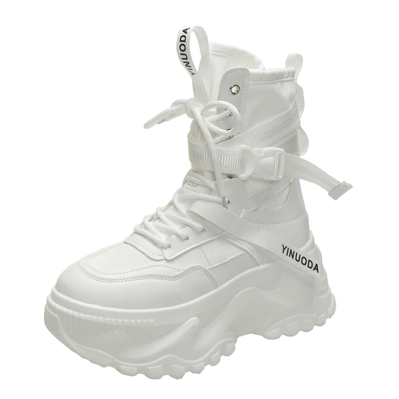 Women Ankle Boots Autumn Leather Chunky Shoes Woman High Platform Breathable Sneakers 8CM Thick Sole Wedges Motorcycles Boots - Shopfly.co.uk
