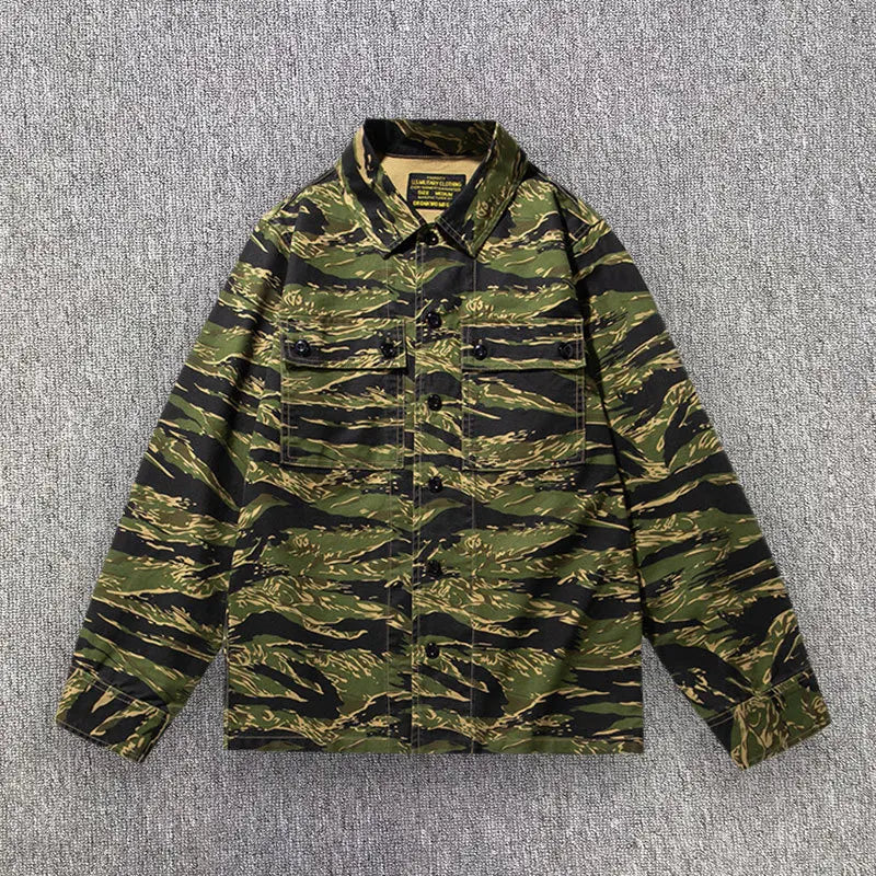 2025 Spring Men's Tiger Stripe Camo Camouflage Cargo Shirt Fashion Work Engineer Long Sleeved Shirt Jacket With Double Pockets - Shopfly.co.uk