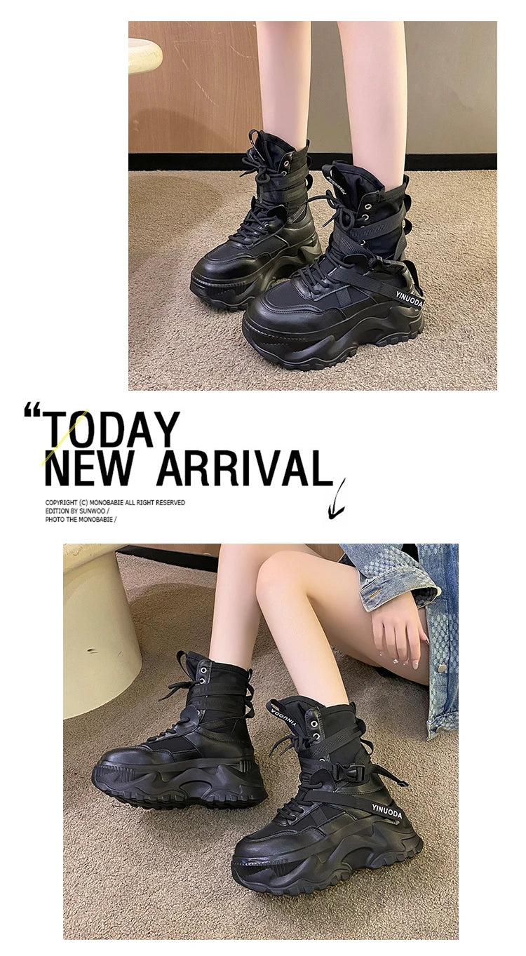 Women Ankle Boots Autumn Leather Chunky Shoes Woman High Platform Breathable Sneakers 8CM Thick Sole Wedges Motorcycles Boots - Shopfly.co.uk