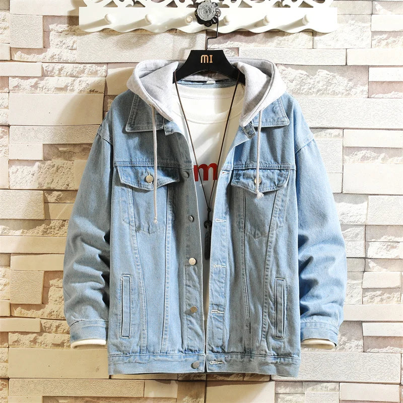2024 New Men's Denim Jacket Cotton Loose Hooded jean Outwear Coat Solid Denim jacket Men Casual Couple Streetwear Plus Size 5XL