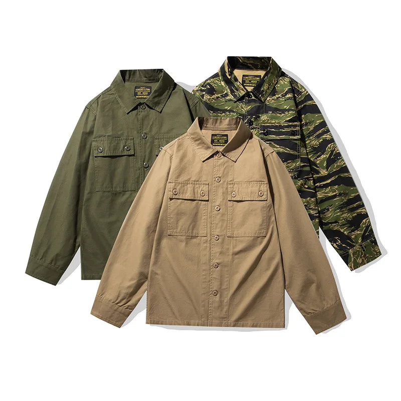 2025 Spring Men's Tiger Stripe Camo Camouflage Cargo Shirt Fashion Work Engineer Long Sleeved Shirt Jacket With Double Pockets - Shopfly.co.uk