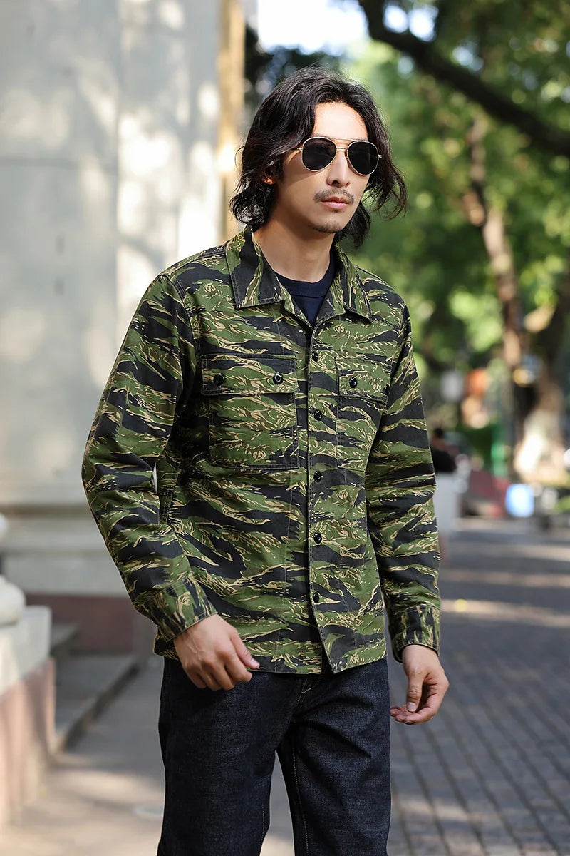 2025 Spring Men's Tiger Stripe Camo Camouflage Cargo Shirt Fashion Work Engineer Long Sleeved Shirt Jacket With Double Pockets - Shopfly.co.uk