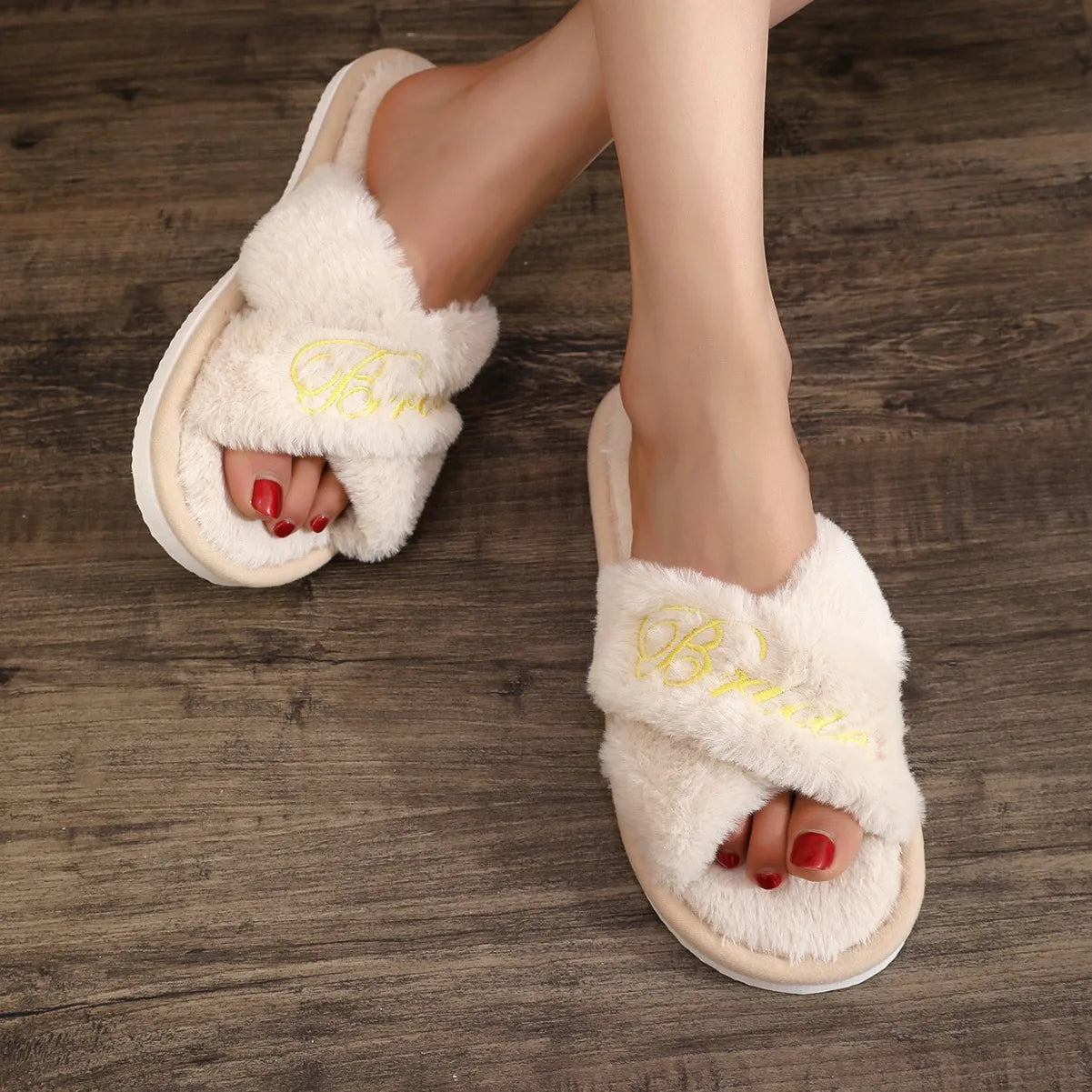 Bride Embroidered Plush Slippers Wedding Supplies Women Honeymoon Shoes Creative Bridesmaid Romantic Gifts Wedding Photo Props - Shopfly.co.uk