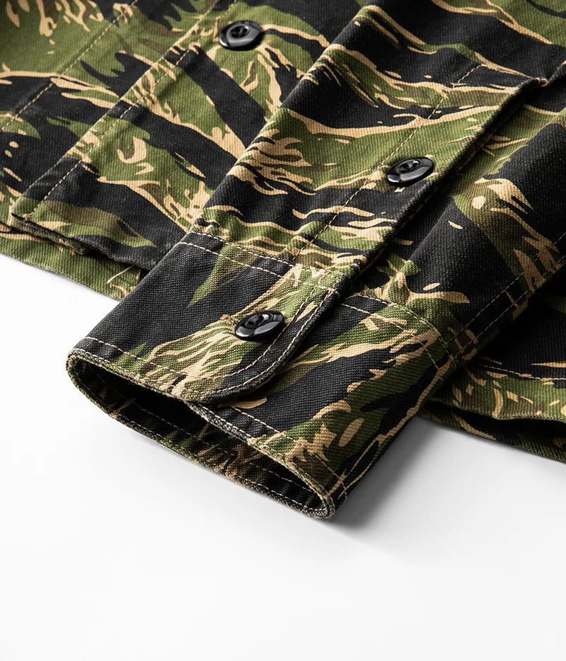 2025 Spring Men's Tiger Stripe Camo Camouflage Cargo Shirt Fashion Work Engineer Long Sleeved Shirt Jacket With Double Pockets - Shopfly.co.uk