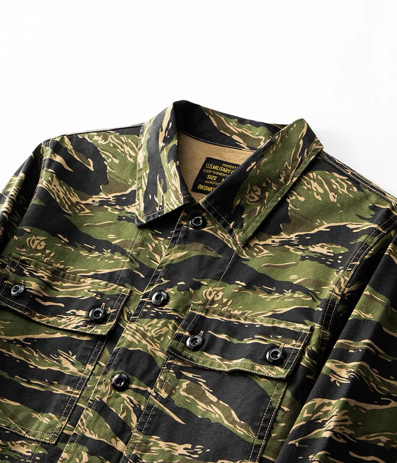 2025 Spring Men's Tiger Stripe Camo Camouflage Cargo Shirt Fashion Work Engineer Long Sleeved Shirt Jacket With Double Pockets - Shopfly.co.uk
