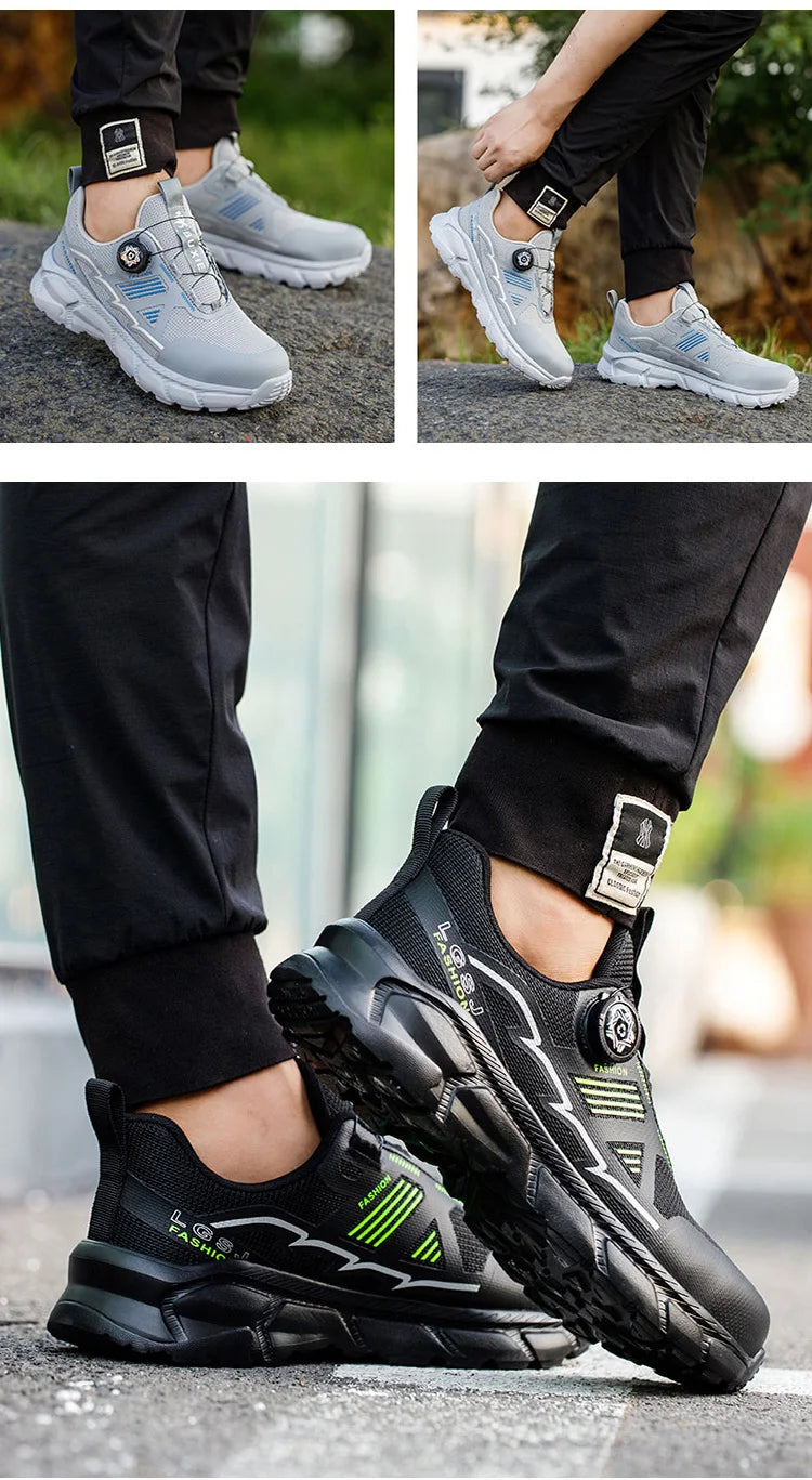 Lightweight Breathable Rotary Buckle Work Sneakers Protective Shoes Safety Industrial Puncture-Proof Anti-smash Steel Toe Shoes - Shopfly.co.uk