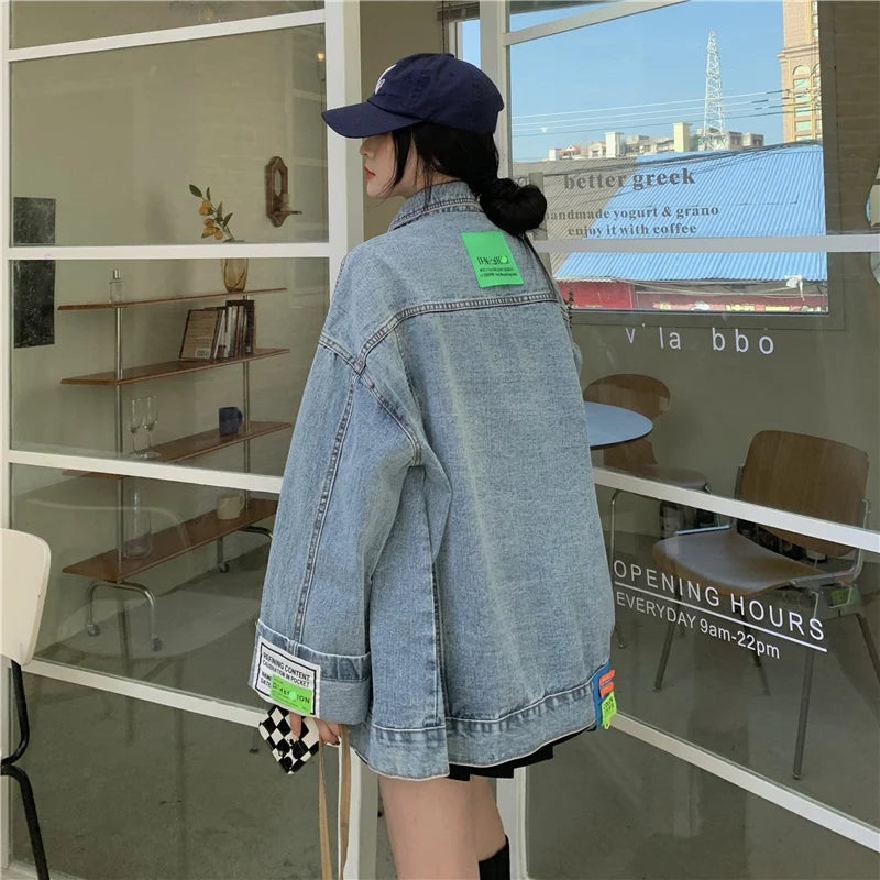 High Street Fashion Oversized Denim Jacket Women Korean Loose Long Sleeve Button Down Jean Jackets Female 2024 New