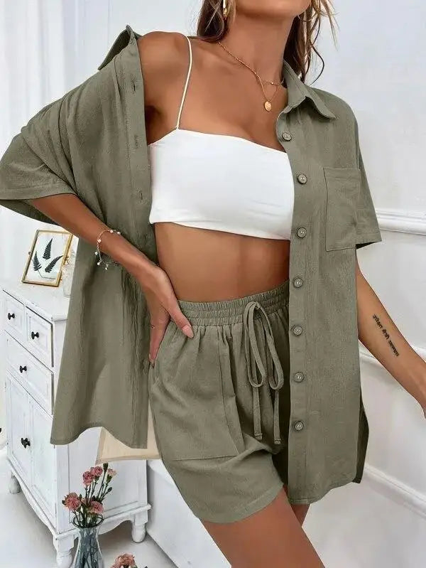 Solid Color Single Breasted Top Casual Loose Short Pants Sets Women Summer Women's 2 Pieces Suit Full Set Female Outfit Clothes - Shopfly.co.uk