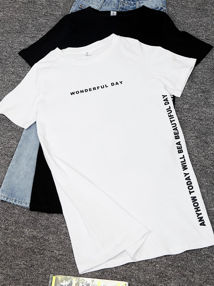 WONDERFUL DAY Print Long T shirts Summer Women Loose Slit Femme Tops Tshirt Short sleeve Ladies t-shirt