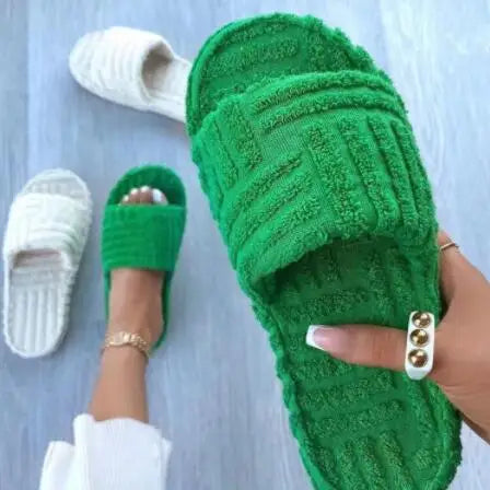 women Luxury brands slippers one-word thick-soled warm furry women shoes embossed cotton drag outdoor all-match casual slippers - Shopfly.co.uk