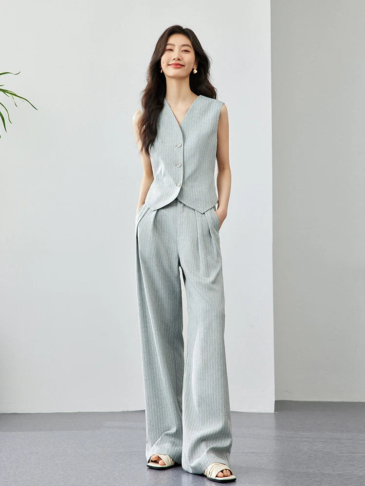 VIMLY Two Piece Office Outfit Woman 2025 Summer Pant Sets Linen Blend Women's Suits V Neck Waistcoat + Wide Leg Long Pants M7357 - Shopfly.co.uk