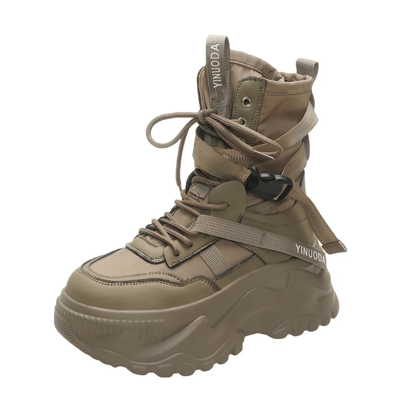 Women Ankle Boots Autumn Leather Chunky Shoes Woman High Platform Breathable Sneakers 8CM Thick Sole Wedges Motorcycles Boots - Shopfly.co.uk