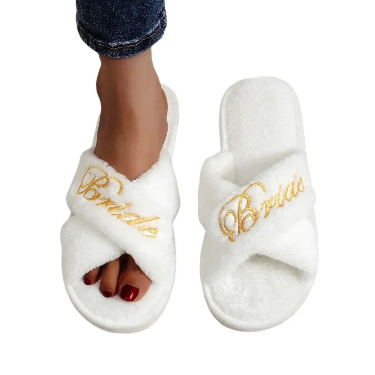 Bride Embroidered Plush Slippers Wedding Supplies Women Honeymoon Shoes Creative Bridesmaid Romantic Gifts Wedding Photo Props - Shopfly.co.uk