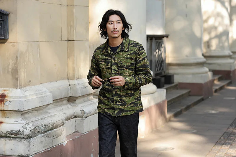 2025 Spring Men's Tiger Stripe Camo Camouflage Cargo Shirt Fashion Work Engineer Long Sleeved Shirt Jacket With Double Pockets - Shopfly.co.uk