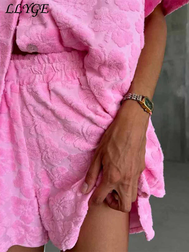 Casual 3d Flower Shirt Shorts Sets Women Pink Lapel Buttons Blouse Elastic Wide Leg Short Pants 2025 Summer Lady Vacation Outfit - Shopfly.co.uk
