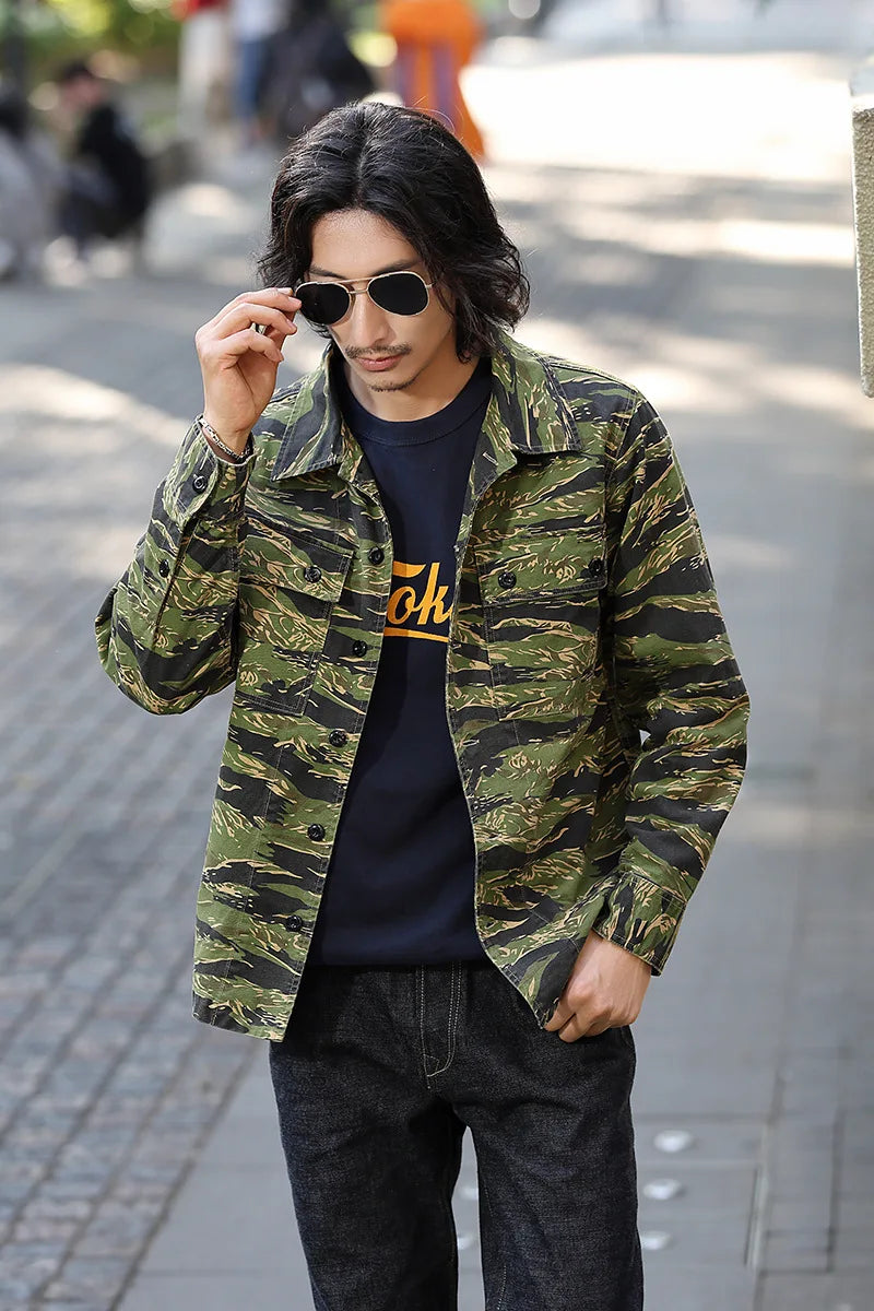 2025 Spring Men's Tiger Stripe Camo Camouflage Cargo Shirt Fashion Work Engineer Long Sleeved Shirt Jacket With Double Pockets - Shopfly.co.uk