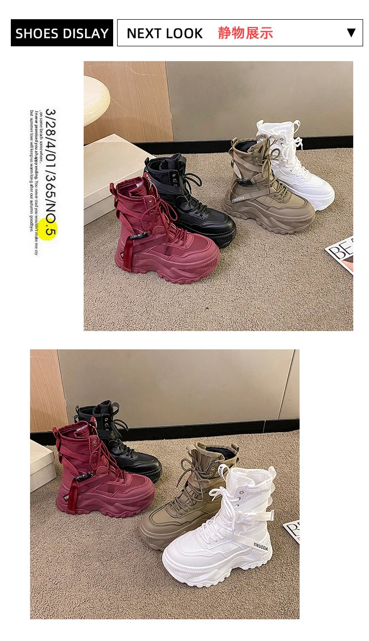 Women Ankle Boots Autumn Leather Chunky Shoes Woman High Platform Breathable Sneakers 8CM Thick Sole Wedges Motorcycles Boots - Shopfly.co.uk