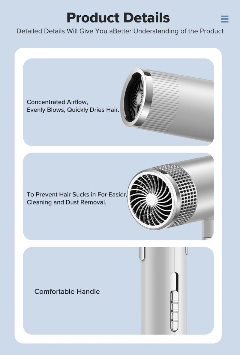Low noise cold and hot negative ion hair dryer Intelligent temperature adjustable quick drying leafless hair dryer - Shopfly.co.uk