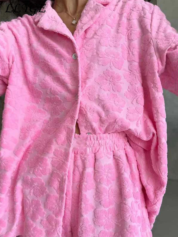 Casual 3d Flower Shirt Shorts Sets Women Pink Lapel Buttons Blouse Elastic Wide Leg Short Pants 2025 Summer Lady Vacation Outfit - Shopfly.co.uk